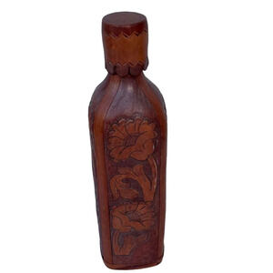 Hecho a Mano Vintage Hand Made Leather Liquor Glass Bottle Brown Size 11"x2.5"